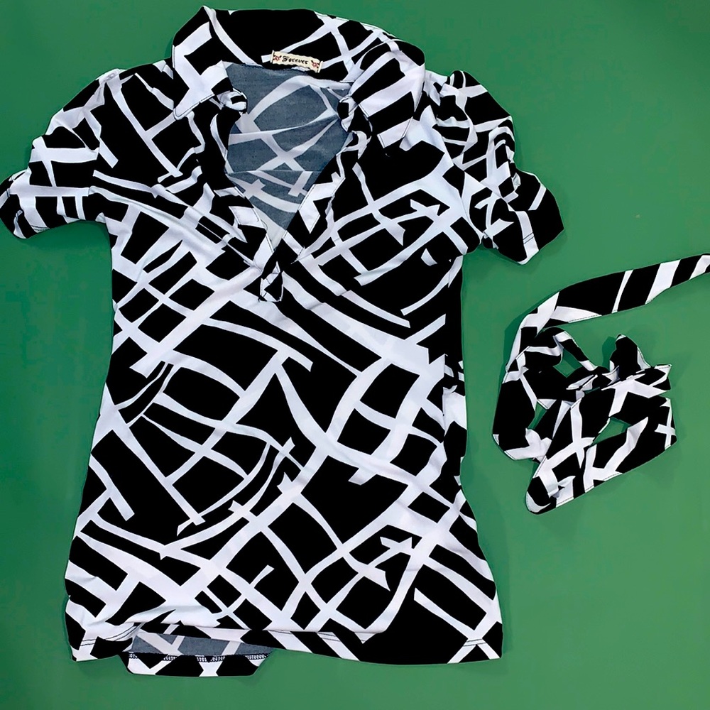 Black and white blouse with tie string